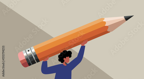 Cartoon character lifting oversized pencil in creative workspace  