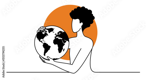 Abstract illustration of person holding Earth with orange background  