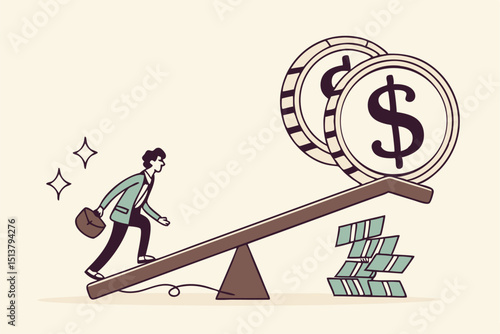 Leverage investing, investor borrow money or stock to increase potential return concept, businessmen investor borrow money coin from other to use to leverage the seesaw to gain big dollar money sign.