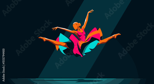Abstract dancer leaping in colorful costume with dramatic lighting  
