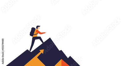 Mountain climber ascending peak with arrows symbolizing growth  