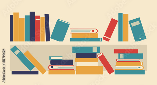Colorful bookshelf with stacked and leaning books in a simple design  