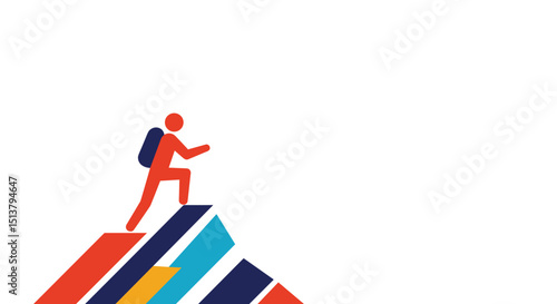 Abstract hiker ascending colorful mountain peak in modern design  
