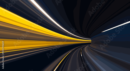 Abstract motion blur of light in dark tunnel with yellow highlights  