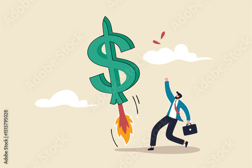 Boost your income, growth increasing business revenue or profit, rising investment earning concept, happy businessman company owner or investor with dollar money sign launch rocket booster high in sky
