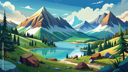 Mountain landscape with a scenic lake reflecting the sky and clouds, surrounded by green forest and snow-capped peaks