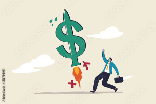Boost your income, growth increasing business revenue or profit, rising investment earning concept, happy businessman company owner or investor with dollar money sign launch rocket booster high in sky