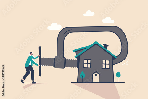House mortgage refinance, reduce cost and interest payment, manage budget to pay for best house deal concept, businessman home owner using big clamp to squeezing house metaphor of refinancing mortgage