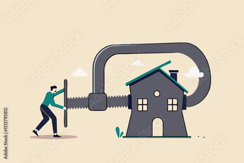 House mortgage refinance, reduce cost and interest payment, manage budget to pay for best house deal concept, businessman home owner using big clamp to squeezing house metaphor of refinancing mortgage