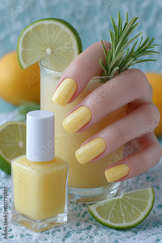 Sunshine splendor: a delicate hand adorned with lemon yellow nails beside a refreshing citrus beverage