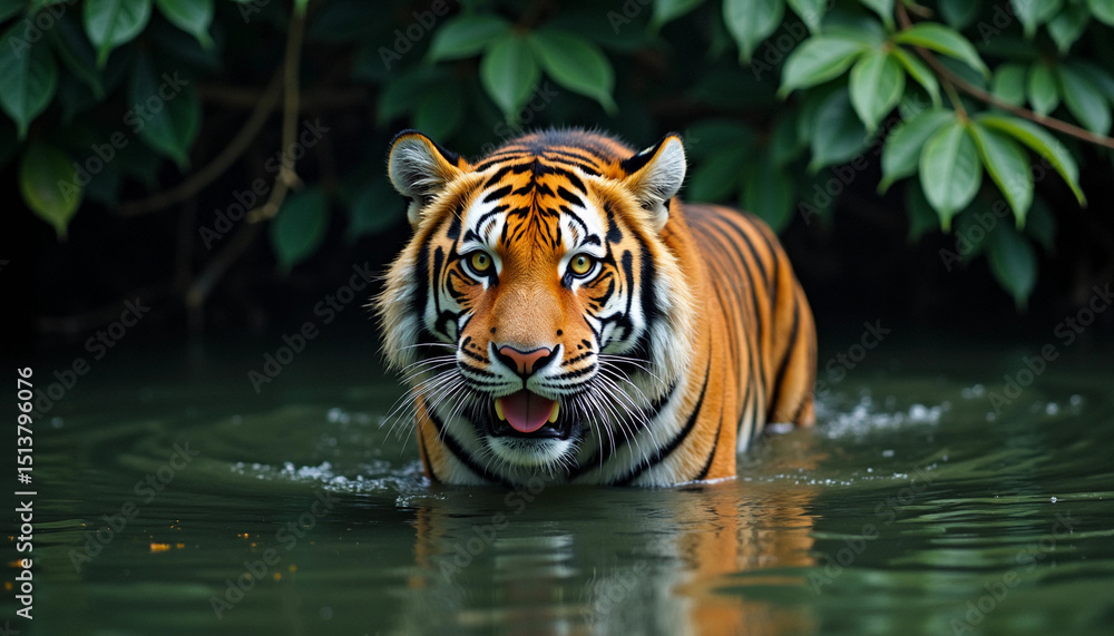 Bengal tiger walking through water in lush jungle environment
Bengal tiger walking through water in lush jungle environment