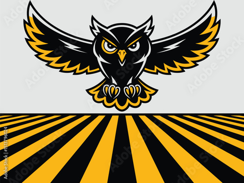 Vector illustration of a fierce-looking owl with black and yellow coloring, wide-spread wings, and a bold striped background. Ideal for use in mascot logos, sports team branding, esports.