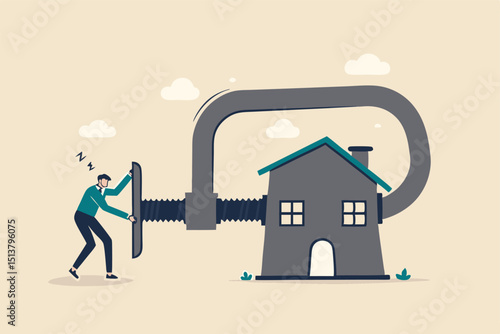House mortgage refinance, reduce cost and interest payment, manage budget to pay for best house deal concept, businessman home owner using big clamp to squeezing house metaphor of refinancing mortgage