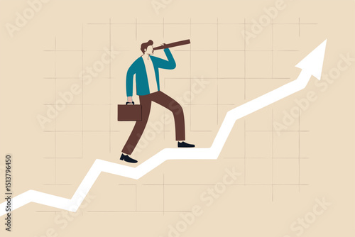 Business vision to see opportunity, investor fortune or profit growth, career achievement concept, smart businessman manager using telescope to see future standing on top of rising arrow market graph.
