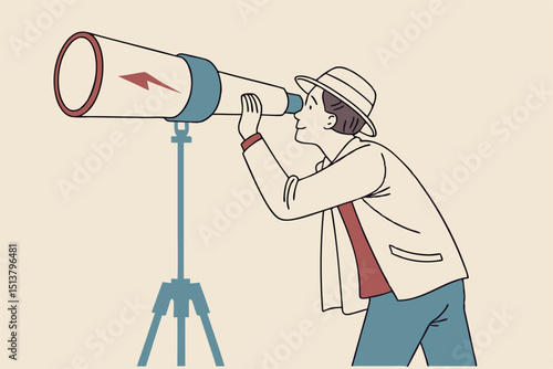 Stock market forecast downfall, vision to see future economic crisis or market crash concept, panic businessman investor look through telescope to see stock market red downward bearish graph.