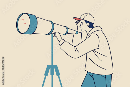 Stock market forecast downfall, vision to see future economic crisis or market crash concept, panic businessman investor look through telescope to see stock market red downward bearish graph.
