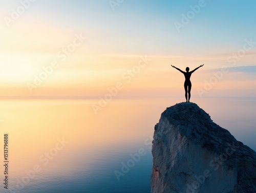 Enjoy tropical beach concept. A person stands on a rock, arms open wide against a serene sunset over calm waters.