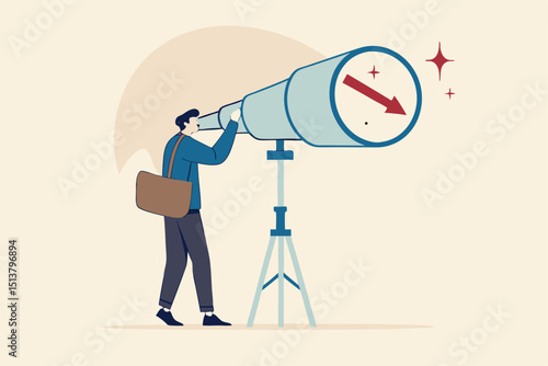 Stock market forecast downfall, vision to see future economic crisis or market crash concept, panic businessman investor look through telescope to see stock market red downward bearish graph.