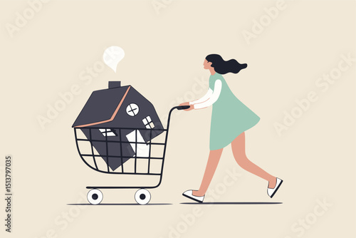Home buyer, purchasing new house, real estate, property investment or mortgage concept, happy lady woman pushing new house inside shopping cart trolley.