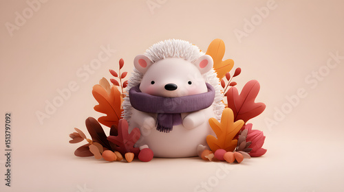Cute 3D hedgehog vector logo curled up with a tiny scarf, surrounded by autumn leaves, simple earthy background