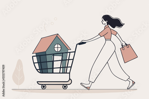 Home buyer, purchasing new house, real estate, property investment or mortgage concept, happy lady woman pushing new house inside shopping cart trolley.