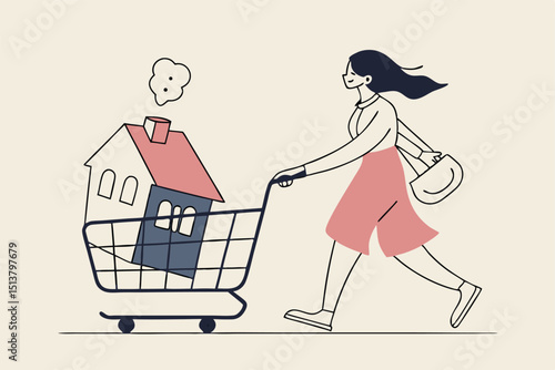 Home buyer, purchasing new house, real estate, property investment or mortgage concept, happy lady woman pushing new house inside shopping cart trolley.