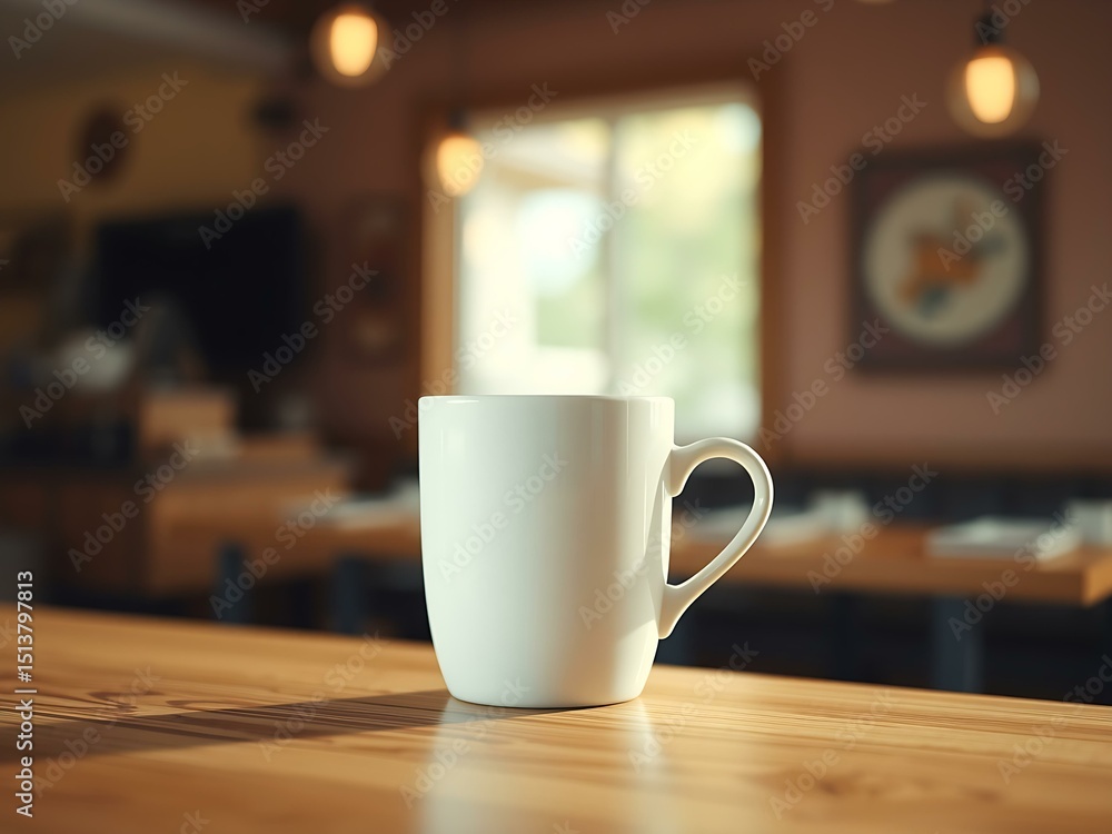 Obraz premium A Steaming White Mug Resting on a Wooden Countertop in a Warmly Lit Cafe with Bokeh Lighting Enhancing the Cozy Atmosphere and Inviting Ambiance of the Picturesque Scene