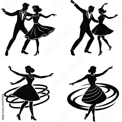 Set Of Retro Silhouette Images Of Couples Dancing Ballroom Style