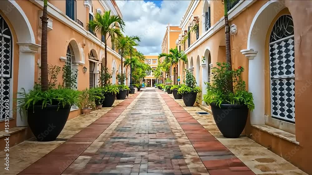 Exploring the serene charm of a quaint walkway lined with tropical beauty Exploring the serene charm of a quaint walkway lined with tropical beauty