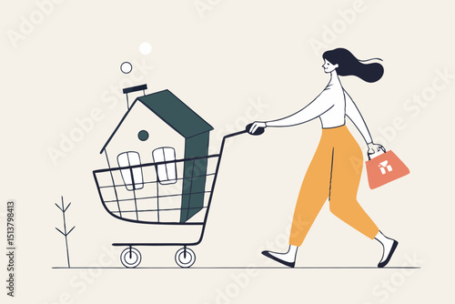 Home buyer, purchasing new house, real estate, property investment or mortgage concept, happy lady woman pushing new house inside shopping cart trolley.