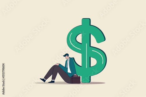 Unemployment, jobless causing financial problem, debt or bankruptcy office worker, no income to pay for mortgage or banking loan concept, depressed unemployed businessman sitting with big dollar money