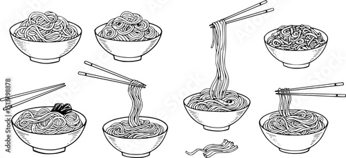 Bowl noodles and chopsticks sketch.illustration Noodle, ramen, spagehetti, pasta handdrawn vecto. Logo template.

