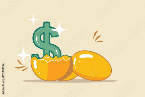 Growth or value stocks investment, earning or dividends from stock market metaphor or profit and return from investment asset concept, shiny golden eggs with one hatched as US dollar money sign.