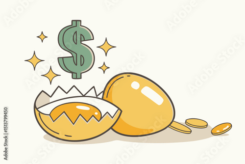 Growth or value stocks investment, earning or dividends from stock market metaphor or profit and return from investment asset concept, shiny golden eggs with one hatched as US dollar money sign.