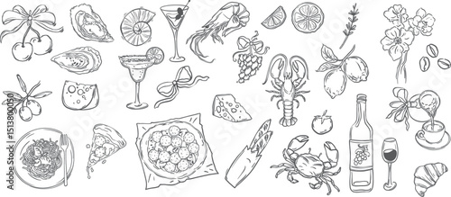 La Dolce Vita, Hand Drawn Icons, Sea Food, Cocktails, Coastal, Italian sicily style, Sketch style lunch or dinner Illustrations for wedding invitations, cafe or restaurant menus and parties, vector