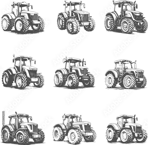 Set illustrations of modern tractor isolated on transparent background. Vector graphics