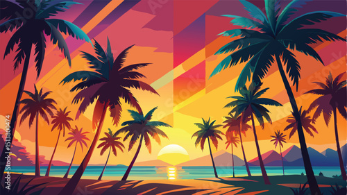 Colorful Palm Silhouettes Background: Vibrant Tropical Designs"	