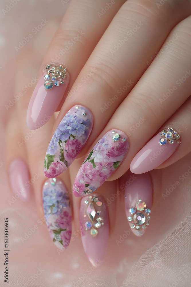 Elegant floral nail art design showcasing delicate details and sparkling accents in soft pink tones during a serene afternoon Elegant floral nail art design showcasing delicate details and sparkling accents in soft pink tones during a serene afternoon