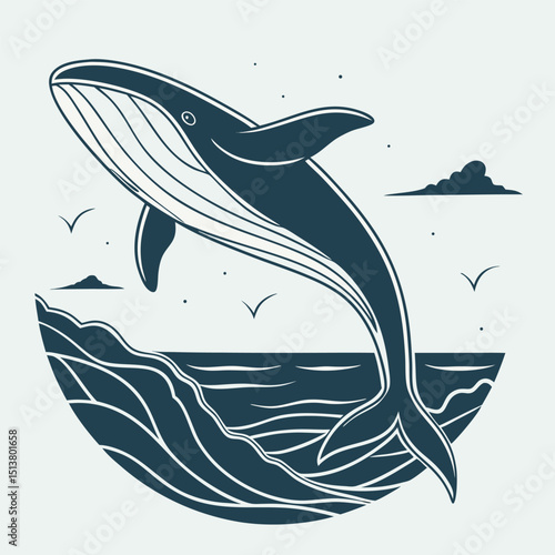 Majestic whale breaching the ocean surface, a captivating marine wildlife illustration with waves, birds, and clouds against a serene sky backdrop