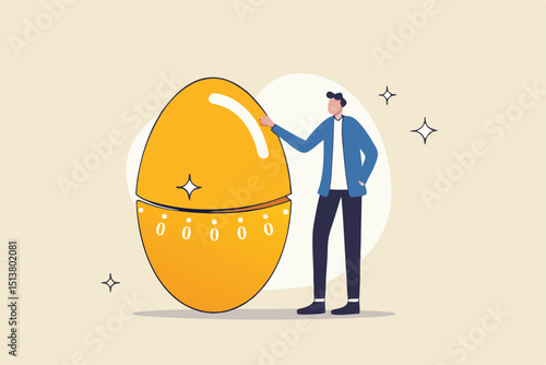 Retirement pension fund, IRA, 401K, Roth or ISA account in UK, investment for money to use after retirement concept, businessman standing with countdown timer golden egg move approaching retired age.