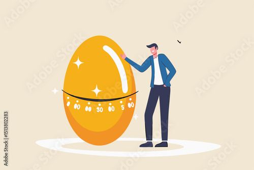Retirement pension fund, IRA, 401K, Roth or ISA account in UK, investment for money to use after retirement concept, businessman standing with countdown timer golden egg move approaching retired age.