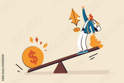 Economic stimulus money, central bank inject money to boost business and recover from Coronavirus COVID-19 crisis, big money dollar coin fall on seesaw to boost other side businessman with rocket.