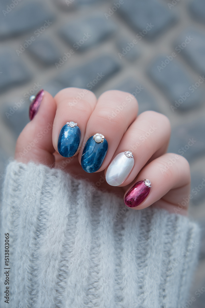 Naklejka premium Creative nail art featuring a glossy blue, silver, and pink design on an inviting hand during a cozy autumn afternoon