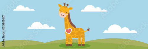 Flat design giraffe icon on grassland with heart – Great for nature-themed content, kids’ products, or educational visuals