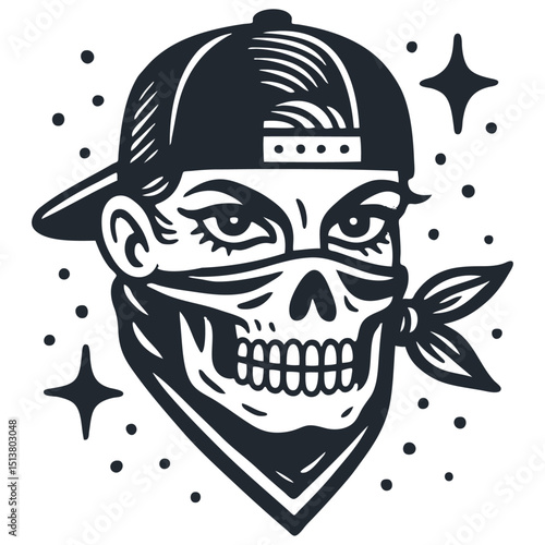 Edgy retro vector illustration: skull face with human eyes, wearing a backward baseball cap & bandana. Urban street art, tattoo style. Monochrome design.