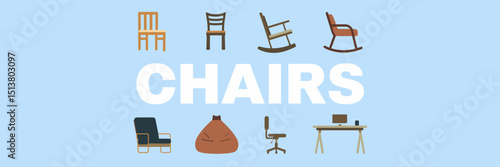 Vector illustration of labeled chair icons – Ideal for interior inspiration content, office blogs, or classroom visuals.