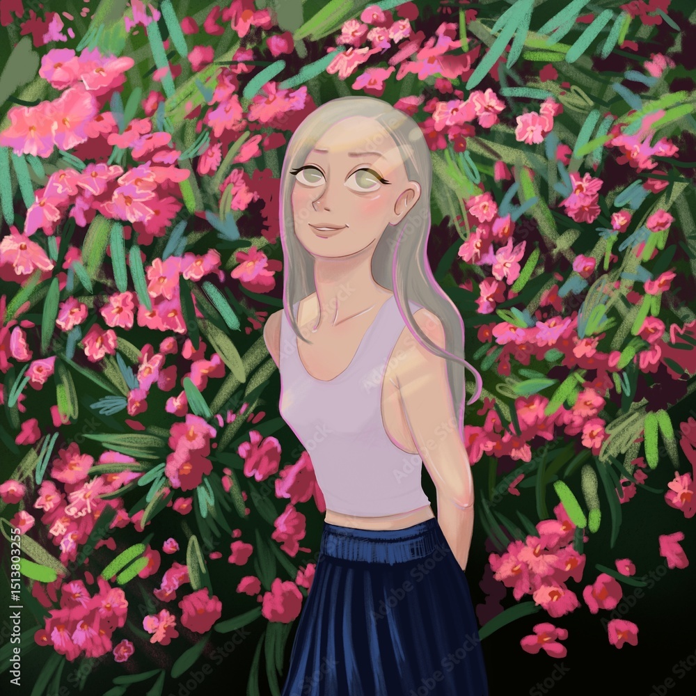 beautiful digital illustration with a cartoon girl on the background of an oleander bush in the sunlight beautiful digital illustration with a cartoon girl on the background of an oleander bush in the sunlight