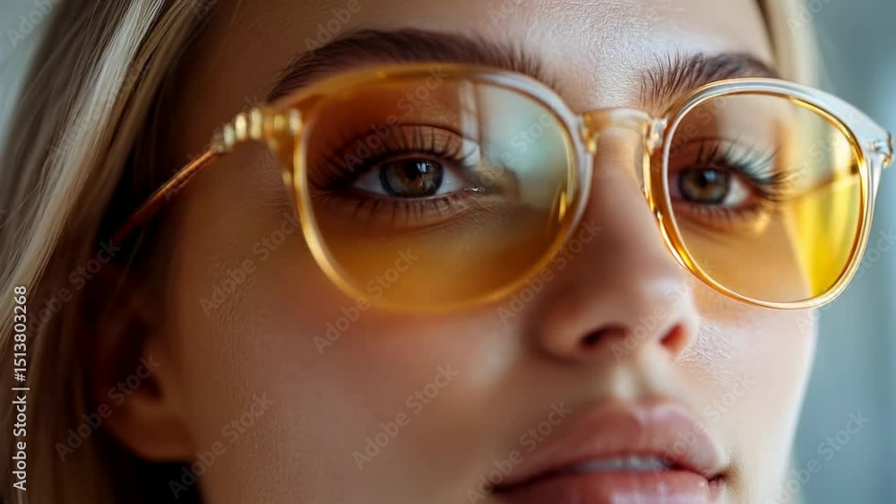 A close-up of a woman, showcasing her stylish yellow-tinted eyeglasses and stunning brown eyes. A close-up of a woman, showcasing her stylish yellow-tinted eyeglasses and stunning brown eyes.