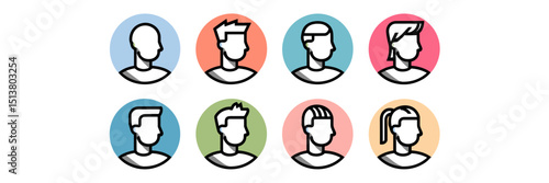 Creative male hairstyle icons in circular format – Great for design systems, character sheets, or hair product branding