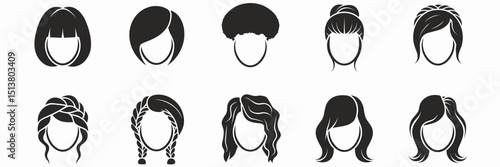 Minimalist vector icons of diverse women’s hairstyles – Perfect for inclusivity in haircare marketing, mobile apps, or illustration packs.